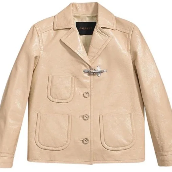 COACH patent leather jacket Sand beige Fireman style NWOT XS - Picture 2 of 3